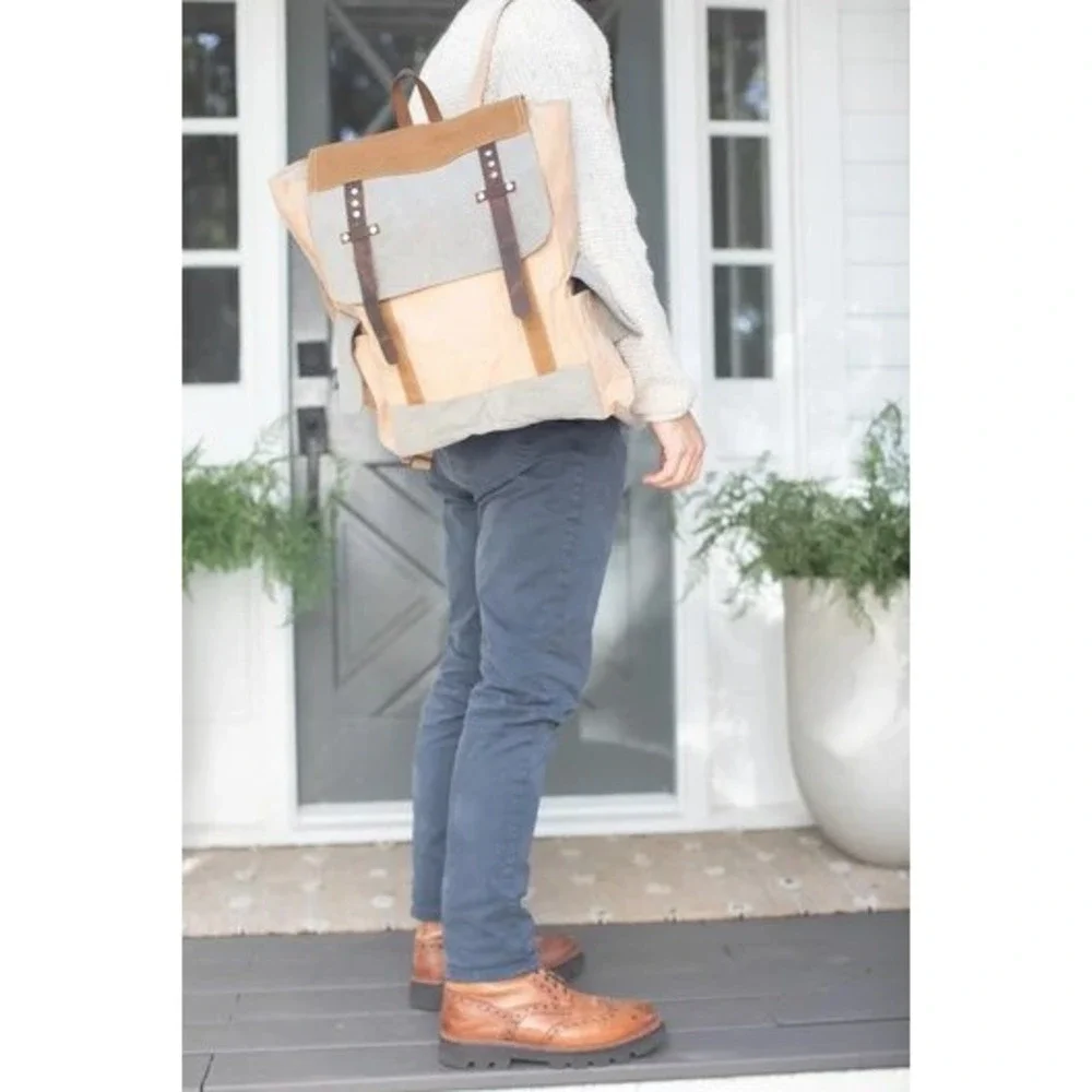 Sugarboo and Co. Canvas Rucksack Backpack OS Tan Grey Excellent Flap Top Straps